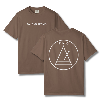 Brown t-shirt with 'Take Your Time.' text on front and 'Tempo' logo on back