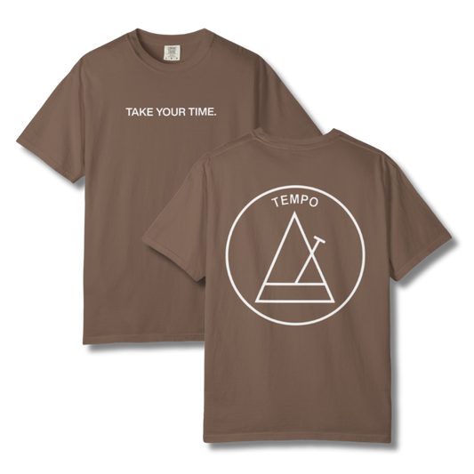 Brown t-shirt with 'Take Your Time.' text on front and 'Tempo' logo on back