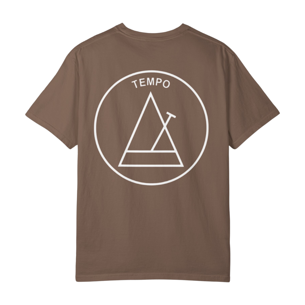 Brown t-shirt with white 'Tempo' logo on the back against a white background